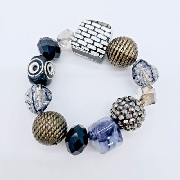 Subway Bling Bracelet Stretch Modern Art Glass Metal Beaded Rhinestone Jewelry - Picture 4 of 8